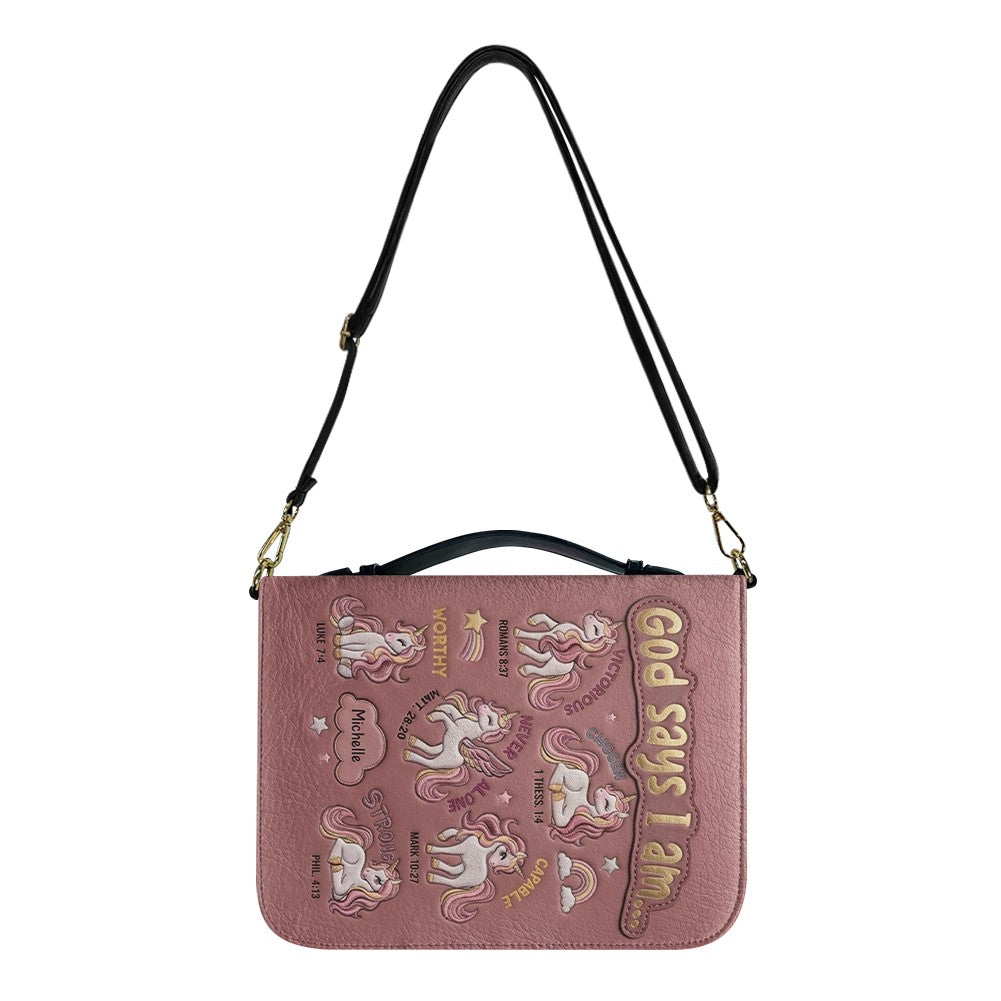 Personalized Bible Cover Carrying Bag with Handle & Strap, God Says I Am Unicorn Custom Name Bible Case - CHRISTIANARTBAG 01092426