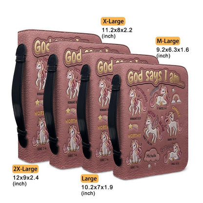 Personalized Bible Cover Carrying Bag with Handle & Strap, God Says I Am Unicorn Custom Name Bible Case - CHRISTIANARTBAG 01092426