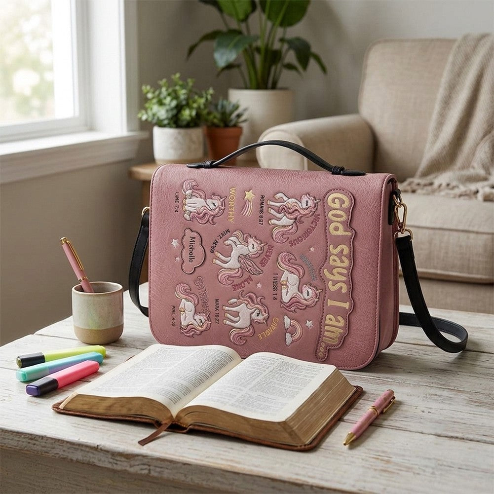 Personalized Bible Cover Carrying Bag with Handle & Strap, God Says I Am Unicorn Custom Name Bible Case - CHRISTIANARTBAG 01092426