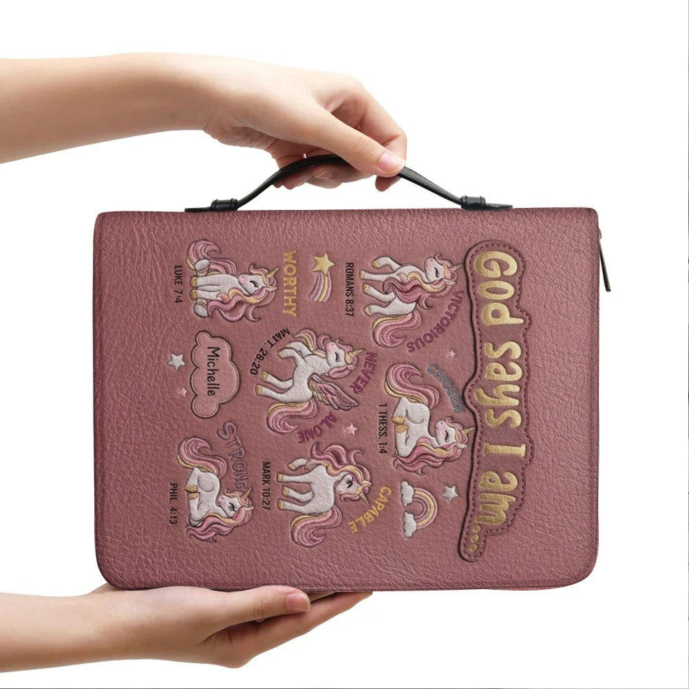 Personalized Bible Cover Carrying Bag with Handle & Strap, God Says I Am Unicorn Custom Name Bible Case - CHRISTIANARTBAG 01092426