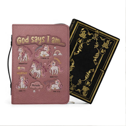 Personalized Bible Cover Carrying Bag with Handle & Strap, God Says I Am Unicorn Custom Name Bible Case - CHRISTIANARTBAG 01092426