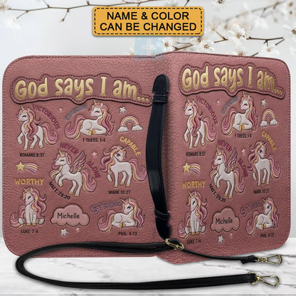 Personalized Bible Cover Carrying Bag with Handle & Strap, God Says I Am Unicorn Custom Name Bible Case - CHRISTIANARTBAG 01092426