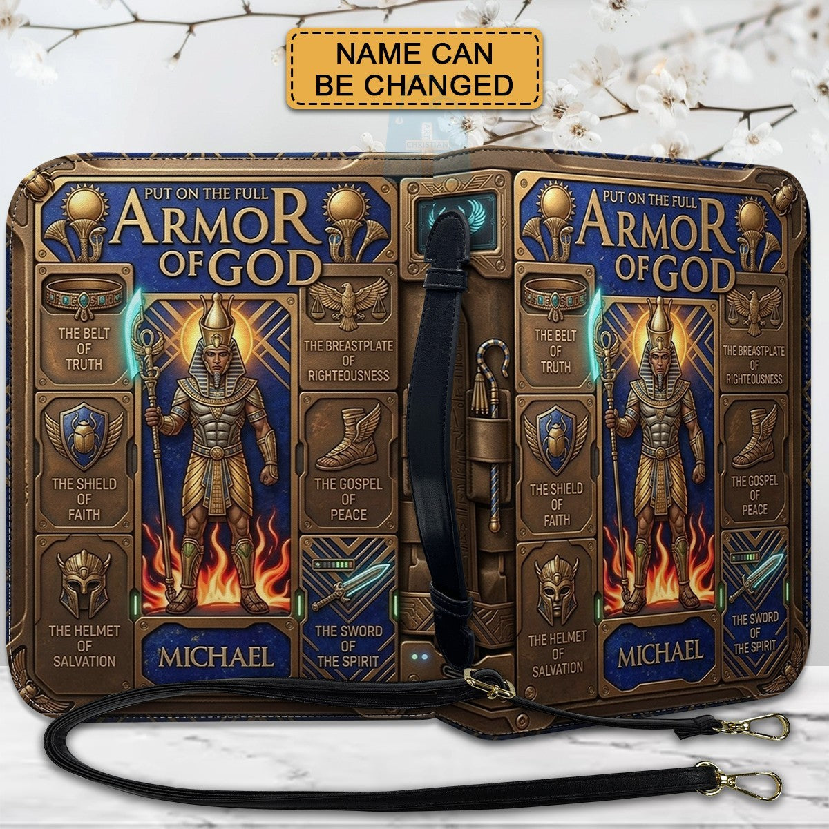 CHRISTIANARTBAG Custom Armor of God Bible Cover | Personalized Men's Egyptian Bible Case with Strap CAB01070226