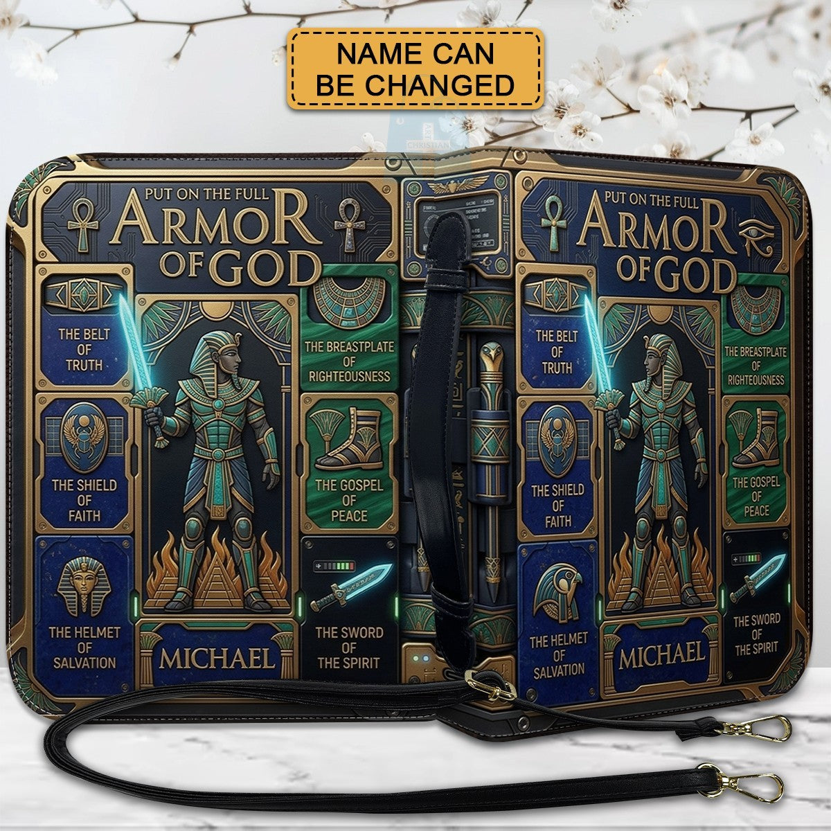 CHRISTIANARTBAG Custom Armor of God Bible Cover | Personalized Men's Egyptian Bible Case with Strap CAB01070226