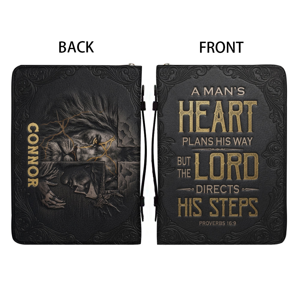 Personalized Bible Cover for Men - Proverbs 16:9 Custom Name Leather Bible Case with Handle | CHRISTIANARTBAG