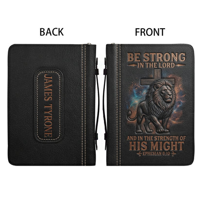 Personalized Leather Bible Cover with Handle - Lion & Cross Be Strong in the Lord Ephesians 6:10 - Custom Name & Color - CHRISTIANARTBAG