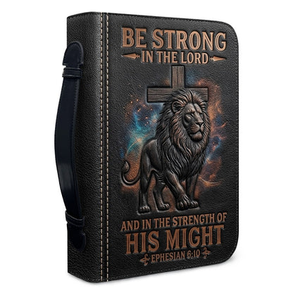 Personalized Leather Bible Cover with Handle - Lion & Cross Be Strong in the Lord Ephesians 6:10 - Custom Name & Color - CHRISTIANARTBAG