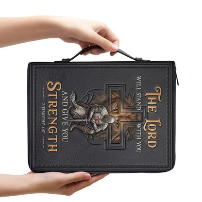 CHRISTIANARTBAG Personalized Leather Bible Cover for Men - Divine Lion & Knight 2 Timothy 4:17 Custom Name Bible Case