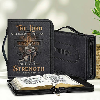 CHRISTIANARTBAG Personalized Leather Bible Cover for Men - Divine Lion & Knight 2 Timothy 4:17 Custom Name Bible Case
