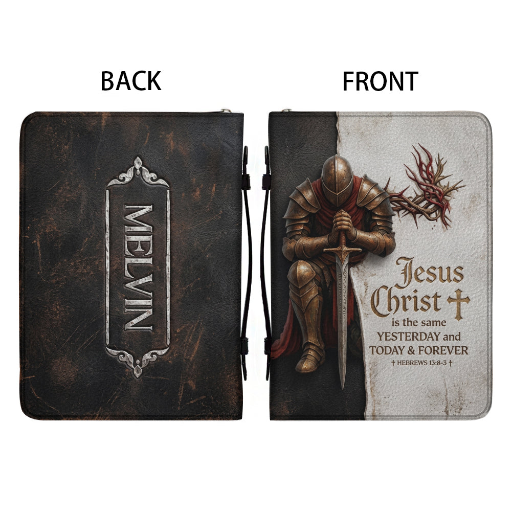 Personalized Bible Cover for Men - Kneeling Knight & Sword Hebrews 13:8 - Custom Name Leather Bible Case with Handle by CHRISTIANARTBAG
