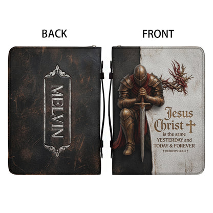 Personalized Bible Cover for Men - Kneeling Knight & Sword Hebrews 13:8 - Custom Name Leather Bible Case with Handle by CHRISTIANARTBAG