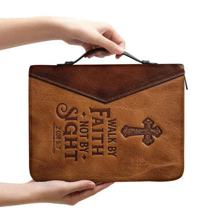 Personalized Leather Bible Cover with Handle, Walk By Faith Not By Sight Custom Name Bible Carrying Case | CHRISTIANARTBAG