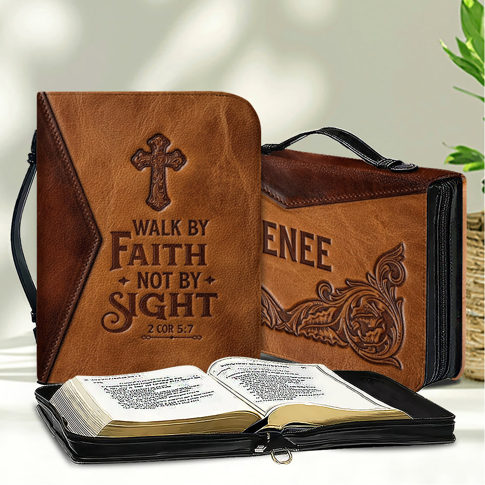Personalized Leather Bible Cover with Handle, Walk By Faith Not By Sight Custom Name Bible Carrying Case | CHRISTIANARTBAG