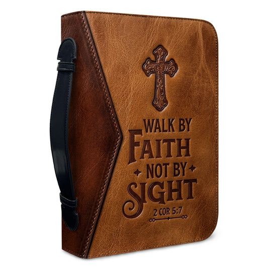 Personalized Leather Bible Cover with Handle, Walk By Faith Not By Sight Custom Name Bible Carrying Case | CHRISTIANARTBAG