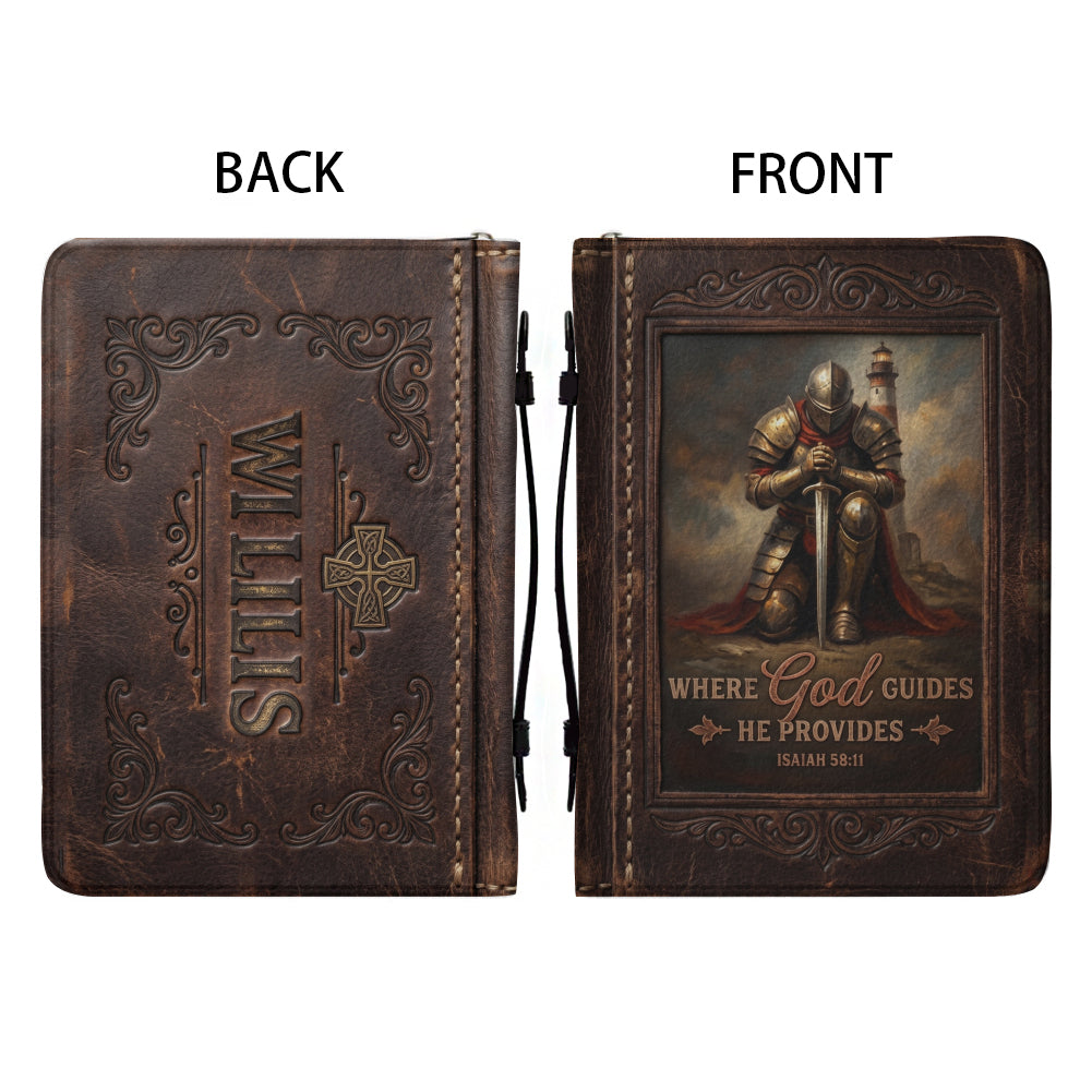 Personalized Bible Cover for Men - Where God Guides He Provides Isaiah 58:11 Custom Name Leather Bible Case with Handle | CHRISTIANARTBAG