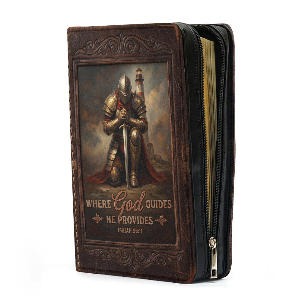 Personalized Bible Cover for Men - Where God Guides He Provides Isaiah 58:11 Custom Name Leather Bible Case with Handle | CHRISTIANARTBAG