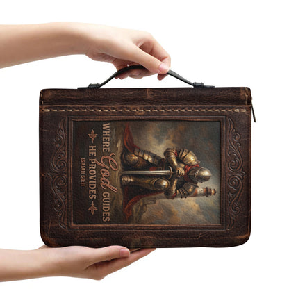 Personalized Bible Cover for Men - Where God Guides He Provides Isaiah 58:11 Custom Name Leather Bible Case with Handle | CHRISTIANARTBAG