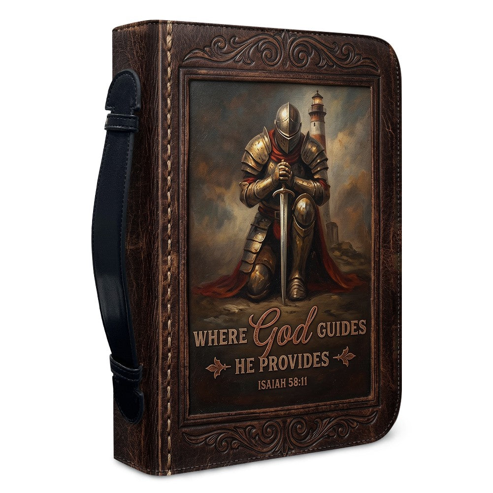 Personalized Bible Cover for Men - Where God Guides He Provides Isaiah 58:11 Custom Name Leather Bible Case with Handle | CHRISTIANARTBAG