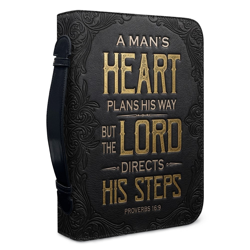 Personalized Bible Cover for Men - Proverbs 16:9 Custom Name Leather Bible Case with Handle | CHRISTIANARTBAG