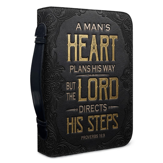 Personalized Bible Cover for Men - Proverbs 16:9 Custom Name Leather Bible Case with Handle | CHRISTIANARTBAG
