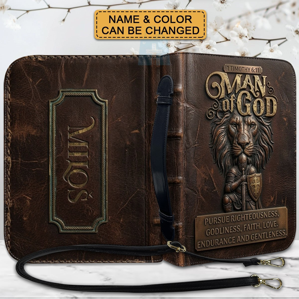 Personalized Bible Cover for Men - Man of God 1 Timothy 6:11 Lion Warrior Custom Leather Carrying Case with Handle & Strap - CHRISTIANARTBAG