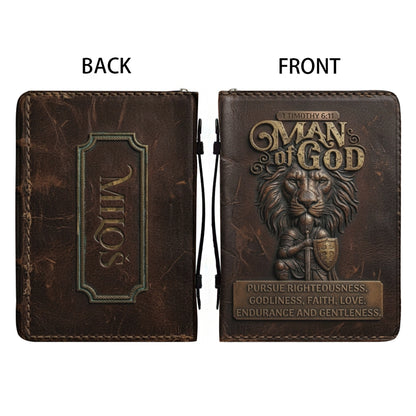 Personalized Bible Cover for Men - Man of God 1 Timothy 6:11 Lion Warrior Custom Leather Carrying Case with Handle & Strap - CHRISTIANARTBAG