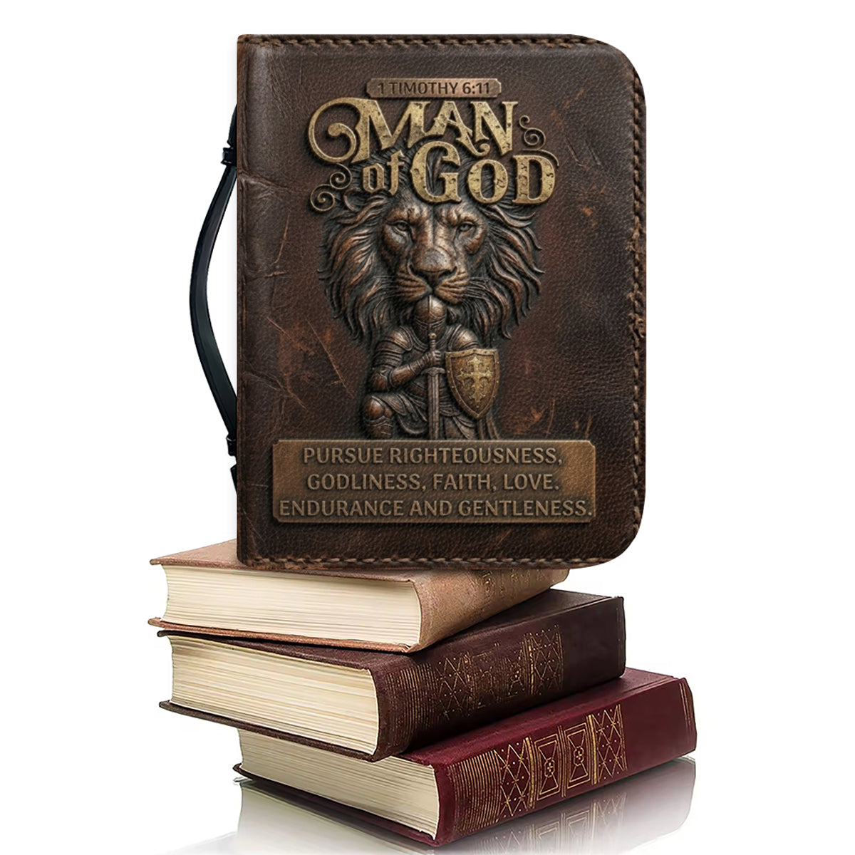 Personalized Bible Cover for Men - Man of God 1 Timothy 6:11 Lion Warrior Custom Leather Carrying Case with Handle & Strap - CHRISTIANARTBAG