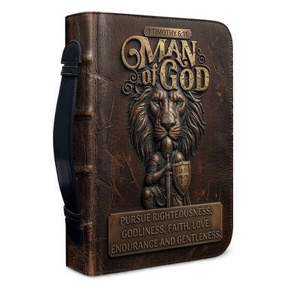 Personalized Bible Cover for Men - Man of God 1 Timothy 6:11 Lion Warrior Custom Leather Carrying Case with Handle & Strap - CHRISTIANARTBAG