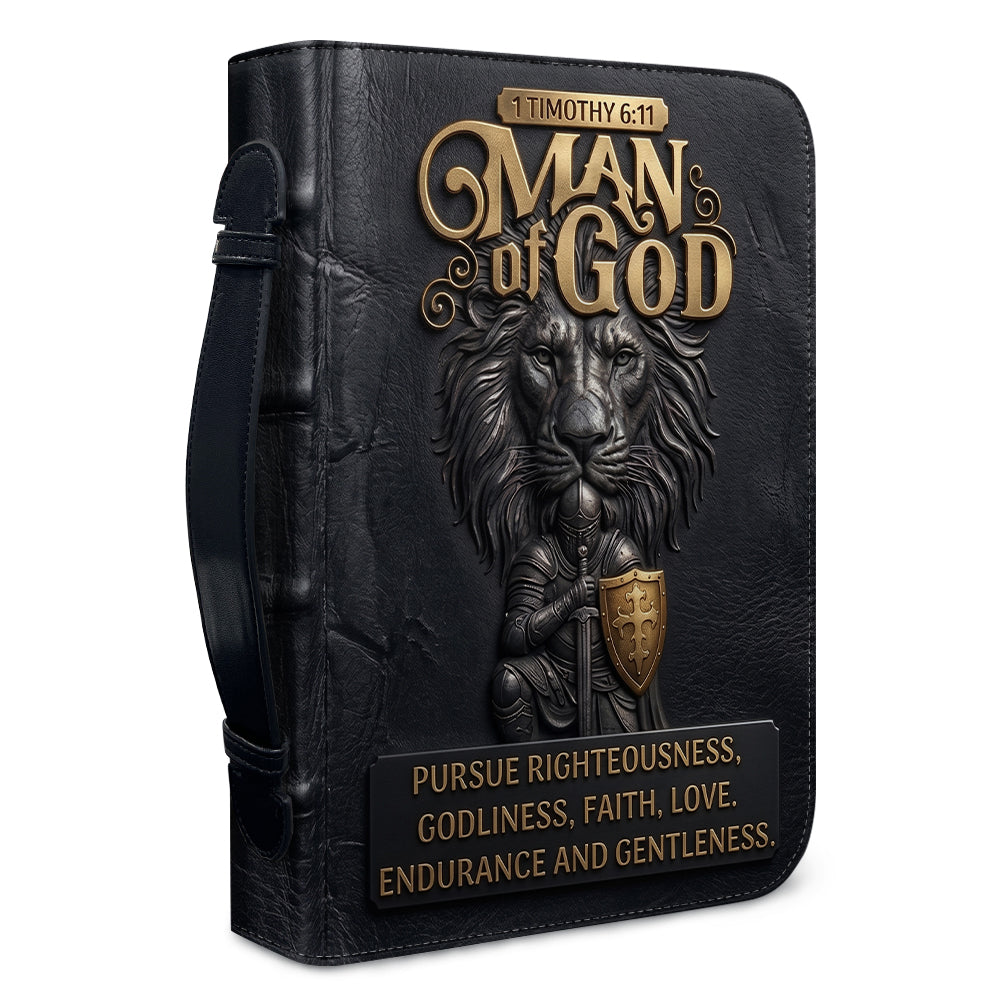 Personalized Bible Cover for Men - Man of God 1 Timothy 6:11 Lion Warrior Custom Leather Carrying Case with Handle & Strap - CHRISTIANARTBAG