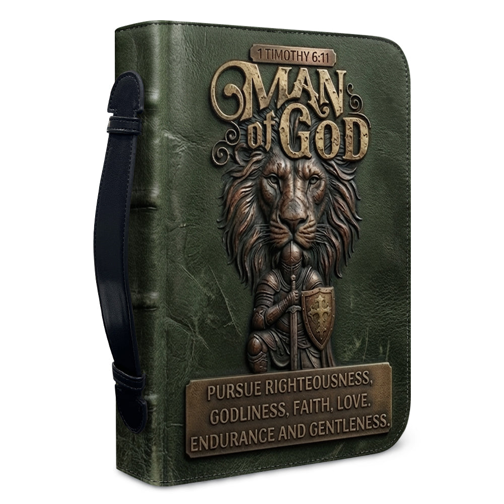 Personalized Bible Cover for Men - Man of God 1 Timothy 6:11 Lion Warrior Custom Leather Carrying Case with Handle & Strap - CHRISTIANARTBAG