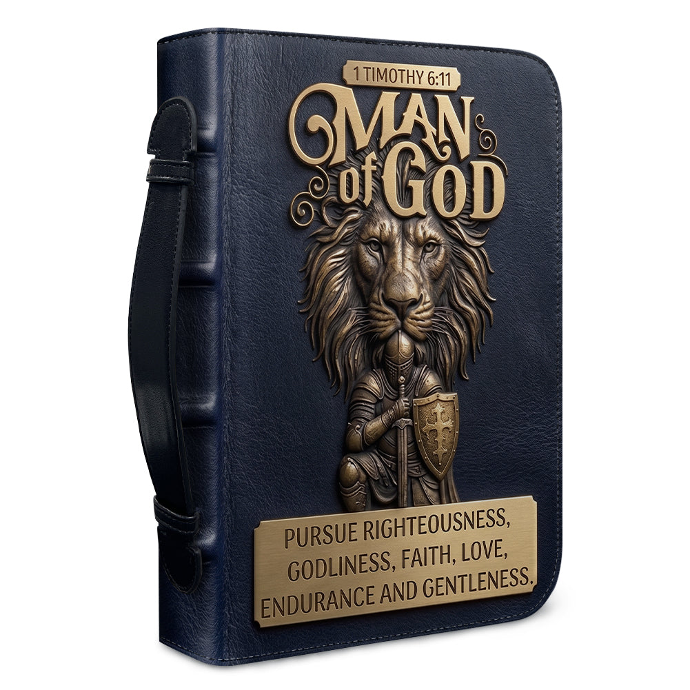 Personalized Bible Cover for Men - Man of God 1 Timothy 6:11 Lion Warrior Custom Leather Carrying Case with Handle & Strap - CHRISTIANARTBAG