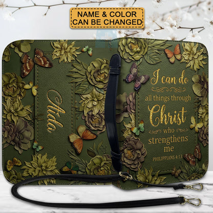 CHRISTIANARTBAG Personalized Leather Handbag - Custom Name & Color Floral Christian Bible Cover Crossbody Purse with Philippians 4:13 Scripture CAB01092526