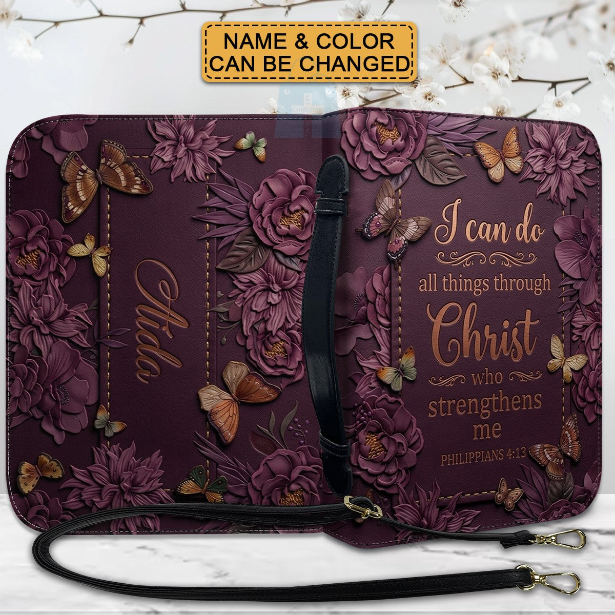 CHRISTIANARTBAG Personalized Leather Handbag - Custom Name & Color Floral Christian Bible Cover Crossbody Purse with Philippians 4:13 Scripture CAB01092526