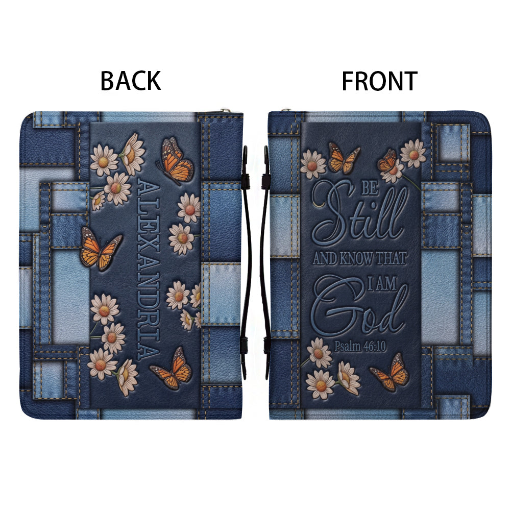 Personalized Bible Cover for Women with Name - Be Still Psalm 46:10 Patchwork Denim Leather Bible Case with Handle & Zipper - Christian Gift by CHRISTIANARTBAG