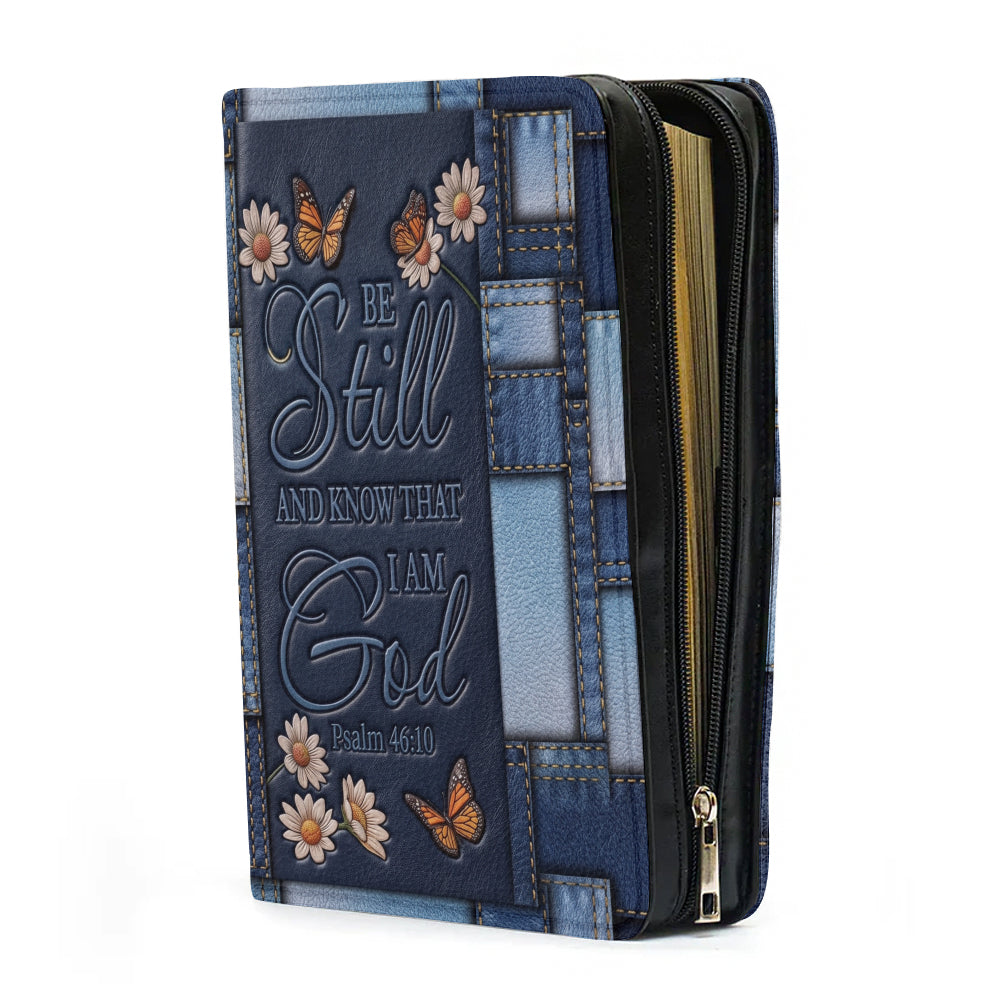 Personalized Bible Cover for Women with Name - Be Still Psalm 46:10 Patchwork Denim Leather Bible Case with Handle & Zipper - Christian Gift by CHRISTIANARTBAG