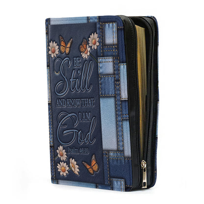 Personalized Bible Cover for Women with Name - Be Still Psalm 46:10 Patchwork Denim Leather Bible Case with Handle & Zipper - Christian Gift by CHRISTIANARTBAG