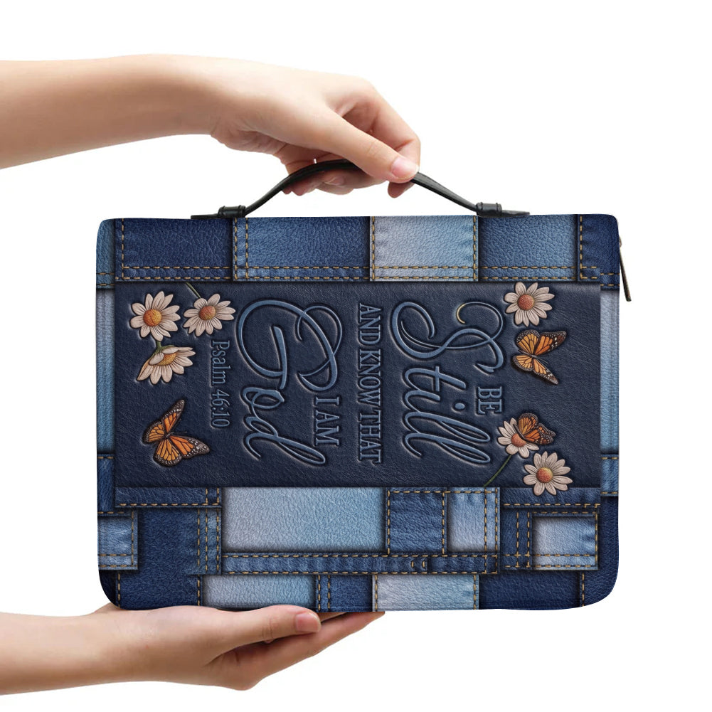 Personalized Bible Cover for Women with Name - Be Still Psalm 46:10 Patchwork Denim Leather Bible Case with Handle & Zipper - Christian Gift by CHRISTIANARTBAG