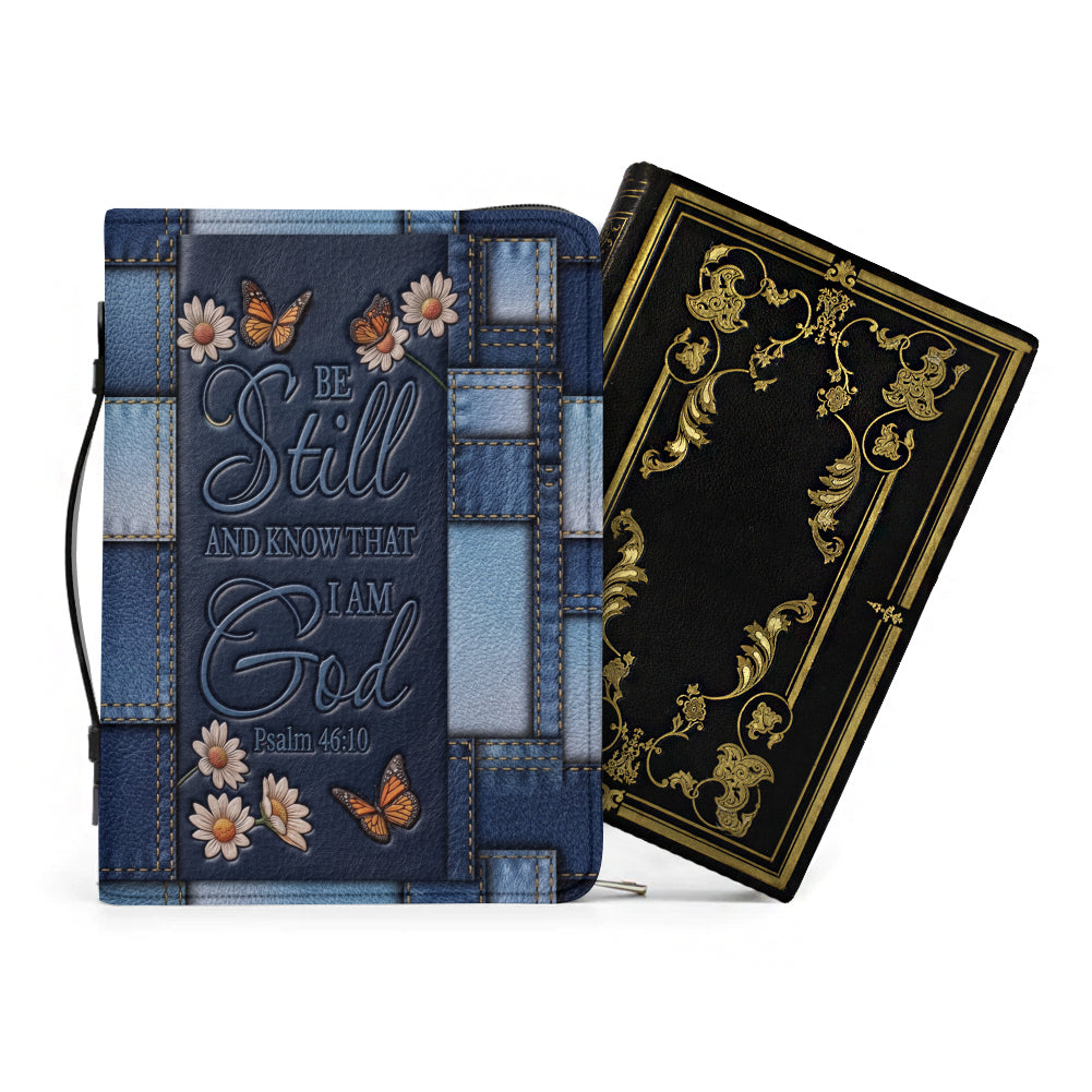 Personalized Bible Cover for Women with Name - Be Still Psalm 46:10 Patchwork Denim Leather Bible Case with Handle & Zipper - Christian Gift by CHRISTIANARTBAG