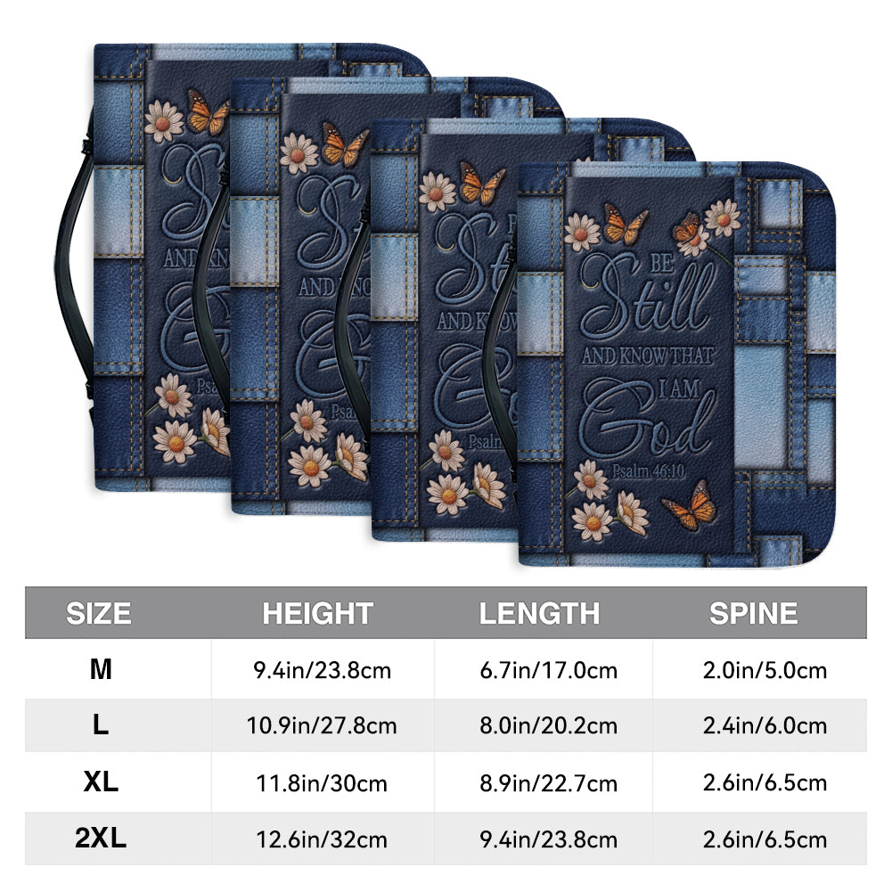 Personalized Bible Cover for Women with Name - Be Still Psalm 46:10 Patchwork Denim Leather Bible Case with Handle & Zipper - Christian Gift by CHRISTIANARTBAG