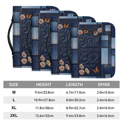 Personalized Bible Cover for Women with Name - Be Still Psalm 46:10 Patchwork Denim Leather Bible Case with Handle & Zipper - Christian Gift by CHRISTIANARTBAG