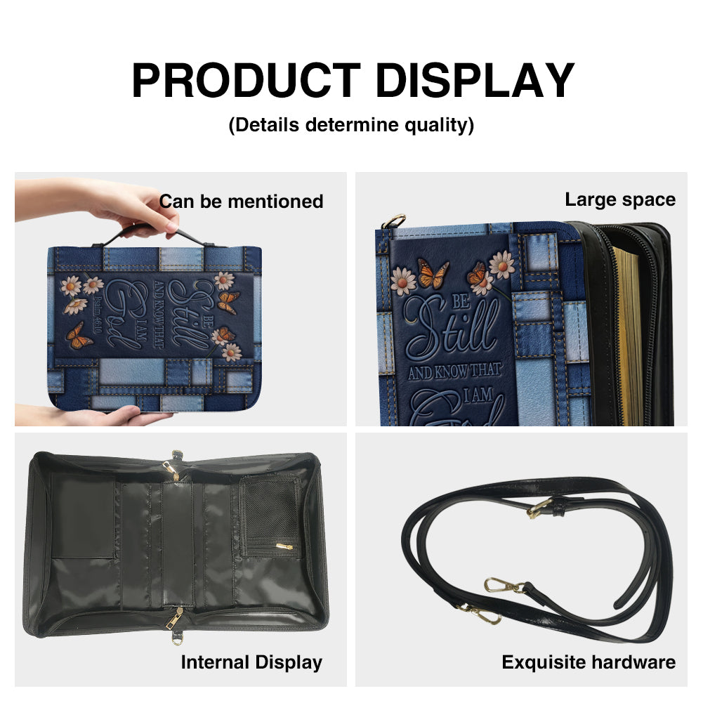Personalized Bible Cover for Women with Name - Be Still Psalm 46:10 Patchwork Denim Leather Bible Case with Handle & Zipper - Christian Gift by CHRISTIANARTBAG