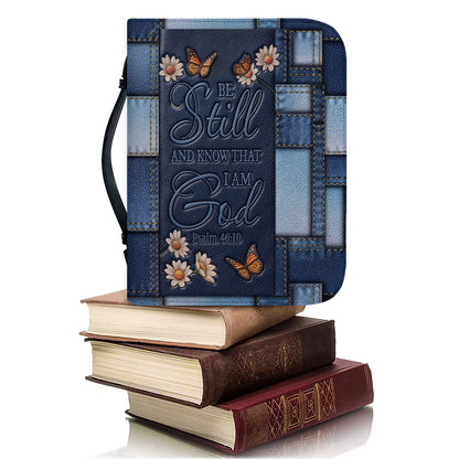 Personalized Bible Cover for Women with Name - Be Still Psalm 46:10 Patchwork Denim Leather Bible Case with Handle & Zipper - Christian Gift by CHRISTIANARTBAG