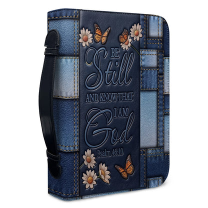 Christianart Bible Cover - Be Still And Know That I Am God Butterfly Denim Style Psalm 46 10 - Personalized Bible Cover - CABBBCV19060324.