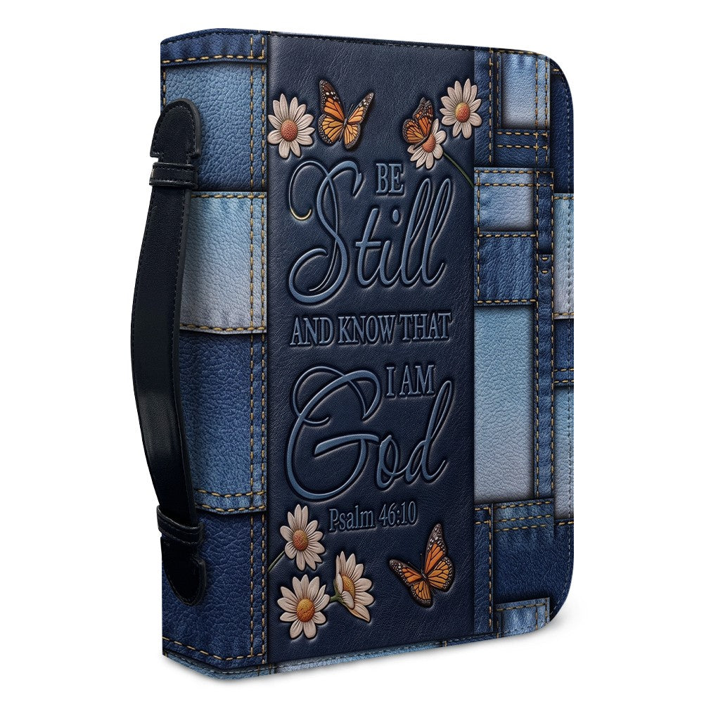Personalized Bible Cover for Women with Name - Be Still Psalm 46:10 Patchwork Denim Leather Bible Case with Handle & Zipper - Christian Gift by CHRISTIANARTBAG