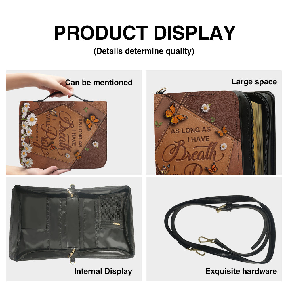 CHRISTIANARTBAG Personalized Bible Cover with Name - Custom Leather Bible Case for Women, As Long As I Have Breath I Will Pray Psalm 116:2 Floral Monarch Butterfly