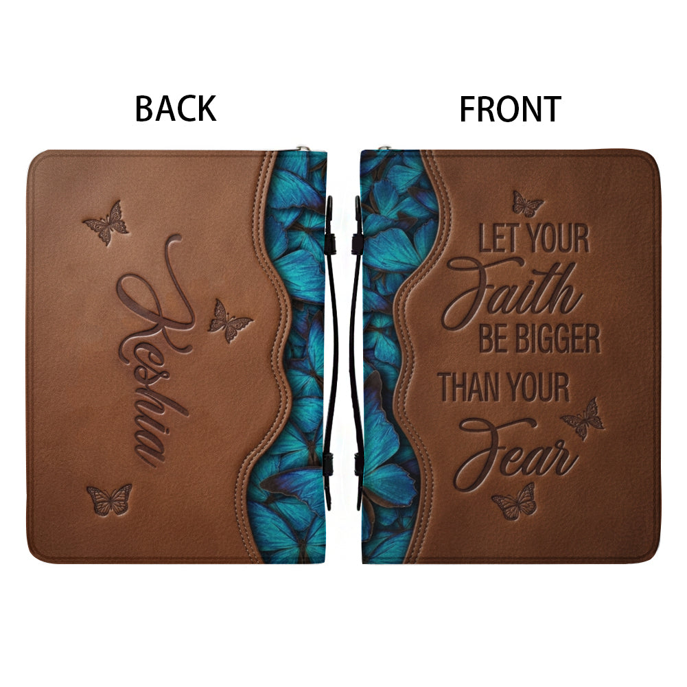 "Faith Over Fear" Embossed Leather Bible Cover with Blue Butterfly Motif - CHRISTIANARTBAG