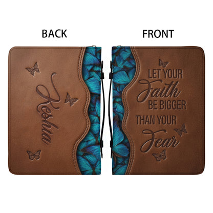Personalized Leather Bible Cover with Handle - "Let Your Faith Be Bigger Than Your Fear" Blue Butterfly Christian Gifts for Women - CHRISTIANARTBAG