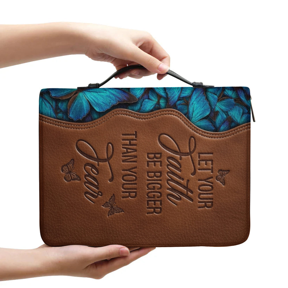 Personalized Leather Bible Cover with Handle - "Let Your Faith Be Bigger Than Your Fear" Blue Butterfly Christian Gifts for Women - CHRISTIANARTBAG