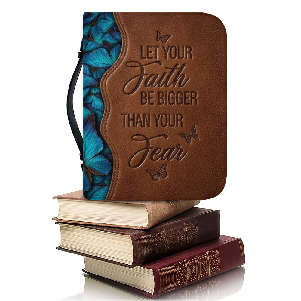 Personalized Leather Bible Cover with Handle - "Let Your Faith Be Bigger Than Your Fear" Blue Butterfly Christian Gifts for Women - CHRISTIANARTBAG