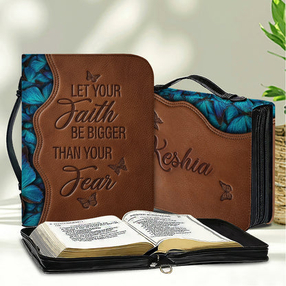 Personalized Leather Bible Cover with Handle - "Let Your Faith Be Bigger Than Your Fear" Blue Butterfly Christian Gifts for Women - CHRISTIANARTBAG